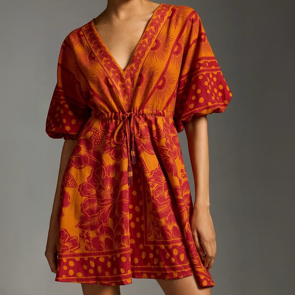 NWT Farm Rio Botanical Printed Tunic Dress Size M Medium Linen Tassel Red Orange